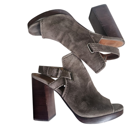 FRYE Karissa Brown Suede Mules with Chunky Wooden Heel and Peep-Toe - 8M - Picture 4 of 10